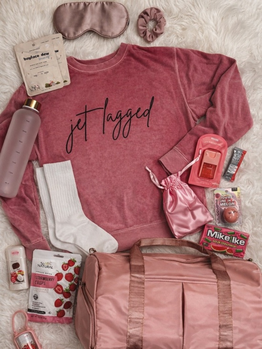 Jet Lagged Dusty Pink Travel Comfort Bundle – Sweatshirt, Duffel, Accessories M